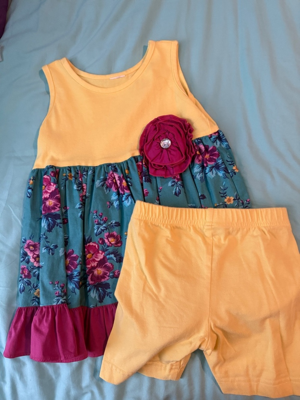 Yellow & Teal Floral Girls' Matching Set with Pink Accent
